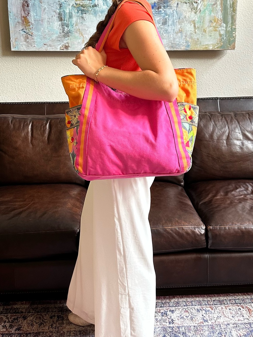 Vera Bradley Pink and Orange Canvas Tote with Floral Side Panels